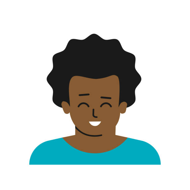 Vector flat concept with avatar of cartoon character. Close up portrait of african american boy with curly hair, dark skin, white teeth. Ethiopian little man smiles Vector flat isolated concept with avatar of cartoon character. Close up portrait of african american boy with curly hair, dark skin, white teeth. Ethiopian little man smiles. White background white background smiling minority african descent stock illustrations