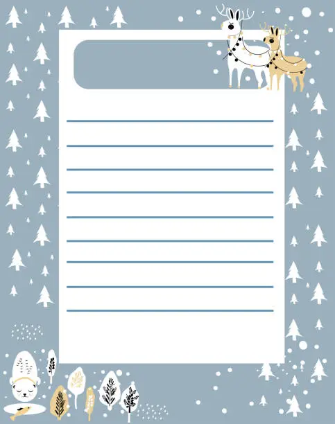 Vector illustration of Wish or to do list.Daily planner or personal schedule in scandinavian doodle style.Winter holidays theme with snowflakes.Cute hand drawn animals in coniferous forest.