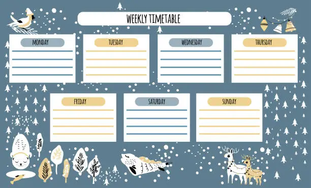 Vector illustration of Weekly timetable, daily planner or personal schedule in scandinavian doodle style.Winter holidays theme with snowflakes.Cute hand drawn animals in coniferous forest.