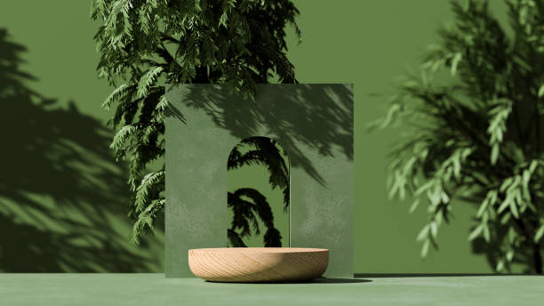3D  wooden podium display with leaf shadow. Copy space green background. Cosmetics or beauty product promotion mockup.  Natural wood step pedestal. Trendy minimalist advertisement banner, art deco 3D render illustration.