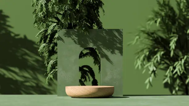 Photo of 3D  wooden podium display with leaf shadow. Copy space green background. Cosmetics or beauty product promotion mockup.  Natural wood step pedestal. Trendy minimalist advertisement banner, art deco 3D render illustration.