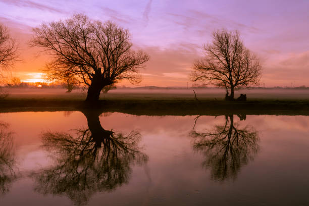 Sunrise over the Great Ouse River at Huntingdon, Cambridgeshire, England, UK. There is mist on the fields in the background.