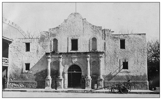 Antique black and white photo of the United States:  The Alamo, San Antonio, Texas