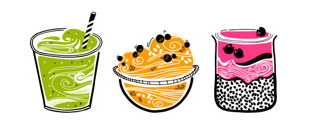 chia pudding, granola, smoothie im doodle-stil auf weißem hintergrund. hipster gesundes lebensmittelkonzept. kochmöglichkeiten. vektorskizze mit superfood. - jar oatmeal granola glass stock-grafiken, -clipart, -cartoons und -symbole