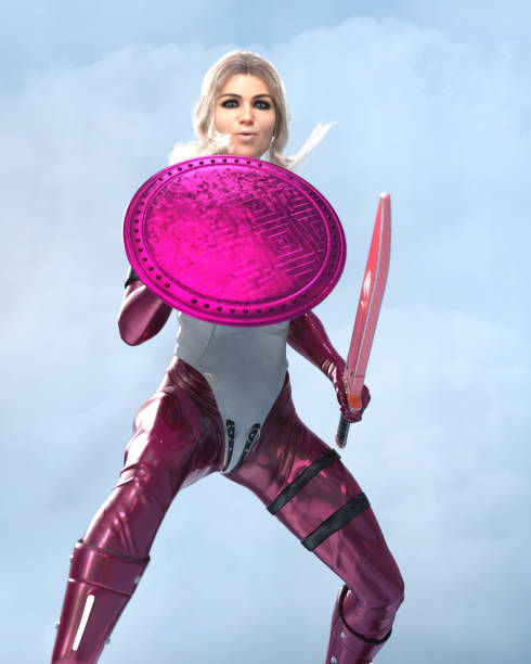 3D Photo of a Modern Female Warrior in Purple Armed with Sword and Shield stock photo