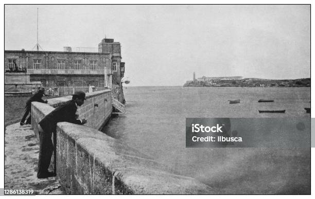 Antique Black And White Photo Entrance To Havana Bay Stock Illustration - Download Image Now