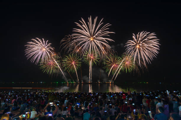 istock The beautiful firework over pattaya beach with motion blur of people watching the firework.Pattaya International Firework. 1286139437