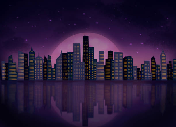 istock Image of purple night sky with full moon behind cartoon city skyline reflected in waterfront 1286139706