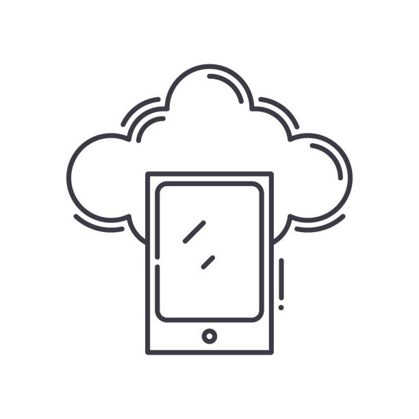 значок облачного смартфона, линейная изолированная иллюстрация, вектор тонкой линии, знак веб-дизайна, концептуальный символ контура с ред - data mobility downloading digital tablet stock illustrations
