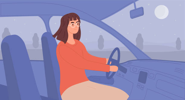 Woman driving and travelling in car Woman driving car. Road trip concept. Car travelling, vacation, journey. Night landscape outside the window. Girl in glasses character in automobile. Cartoon flat vector illustration woman driving car night stock illustrations