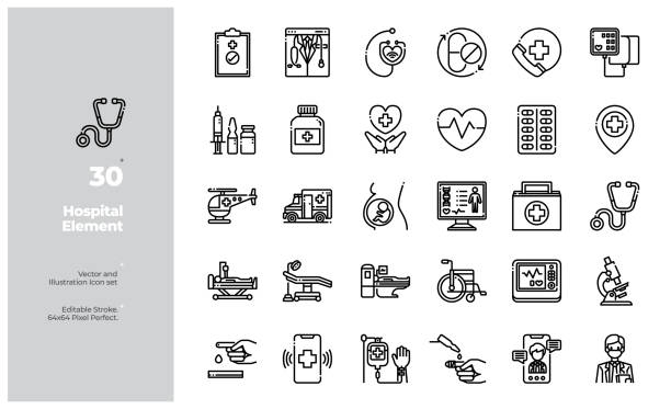 vektor-linie icons set von gesundheits-, medizin- und krankenhauselement. bearbeitbarer strich - chirurg stock-grafiken, -clipart, -cartoons und -symbole