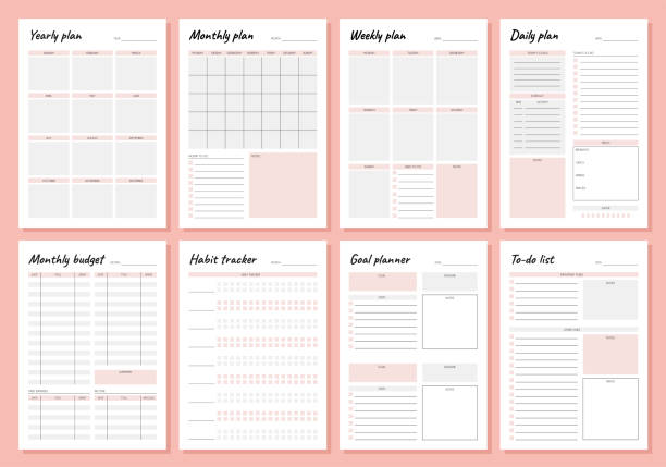 ilustrações de stock, clip art, desenhos animados e ícones de planner. weekly and days organizers for schedule list with reminder, checklists, important date and notes. simple life planners daily routine organization vector minimalist templates - diary