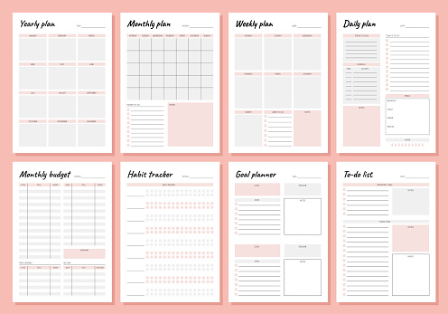 Planner. Weekly and days organizers for schedule list with reminder, checklists, important date and notes. Simple life planners daily routine organization time management vector minimalist templates