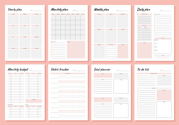 Planner. Weekly and days organizers for schedule list with reminder, checklists, important date and notes. Simple life planners daily routine organization vector minimalist templates Planner. Weekly and days organizers for schedule list with reminder, checklists, important date and notes. Simple life planners daily routine organization time management vector minimalist templates report templates stock illustrations