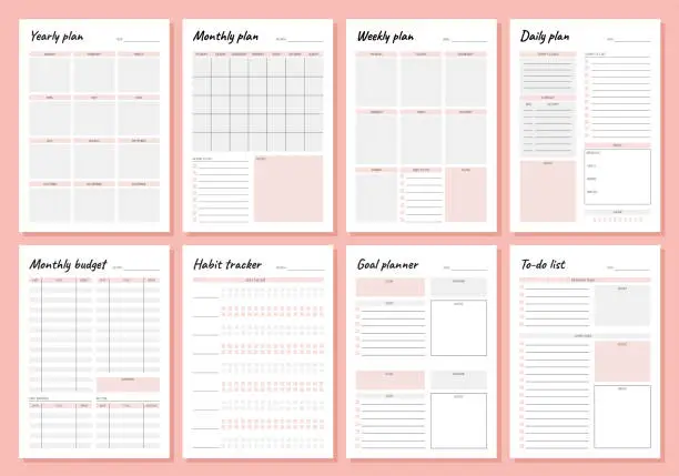 Vector illustration of Planner. Weekly and days organizers for schedule list with reminder, checklists, important date and notes. Simple life planners daily routine organization vector minimalist templates