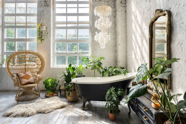 istock Cozy and comfortable room with interior in bohemian style 1286143686