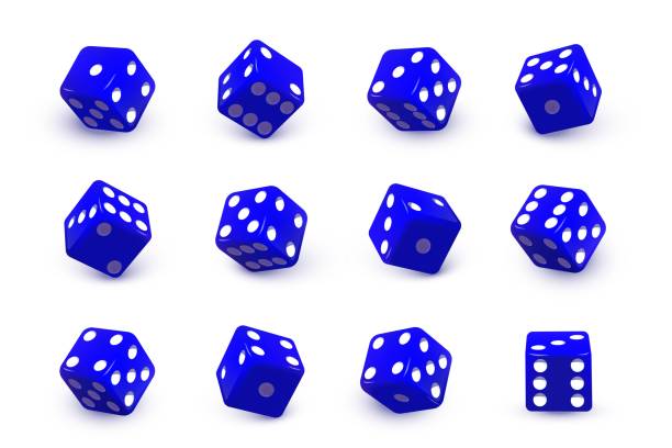 istock Blue dice cubes for gambling set. Casino craps and playing games vector illustration. Poker cubes rolling and throwing, random numbers with dots isolated on white background 1286143741