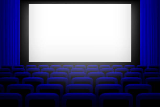 青いカーテンと座席の背景を持つ映画館でスクリーン。空のシネマ・オーディトリアム・ベクターイラスト。映画のプレゼンテーションまたはパフォーマンス イベント。エンターテイメント - curtain movie theater stage theatrical performance点のイラスト素材／クリップアート素材／マンガ素材／アイコン素材