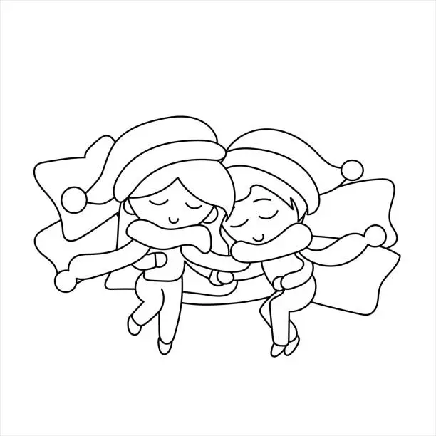 Vector illustration of Vector of a couple, boy and girl, asleep on top of many pillows with a scarf for two and Christmas hats.