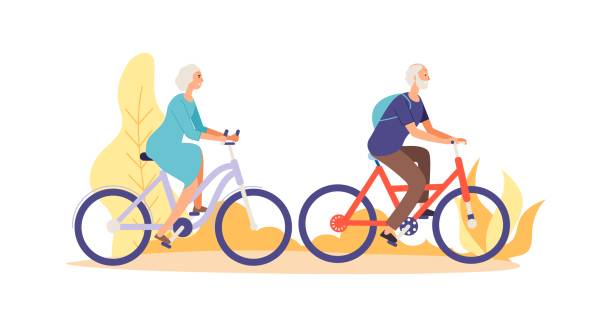 ilustrações, clipart, desenhos animados e ícones de conceito de passeio de bicicleta de outono. personagens idosos planos andando de bicicleta ilustração vetorial - senior adult couple mature adult bicycle