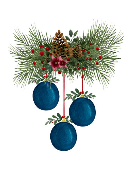 istock Christmas background with hanging baubles fir tree branches and berries, hand painted watercolor illustration with Christmas ornaments for cards, greetings or designs 1286147786