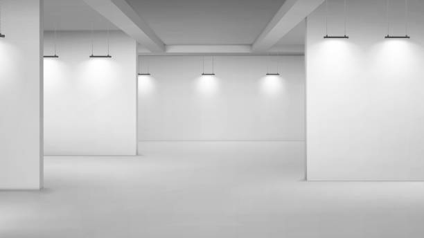 Art gallery empty room with white walls and lamps Art gallery empty interior, 3d room with white walls, floor and illumination lamps. Museum passages with lights for pictures presentation, photography contest exhibition hall, Realistic vector mock up art museum stock illustrations