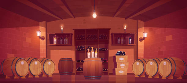 winiarnia, wnętrze piwnicy z drewnianymi beczkami - wine cellar wine rack rack stock illustrations