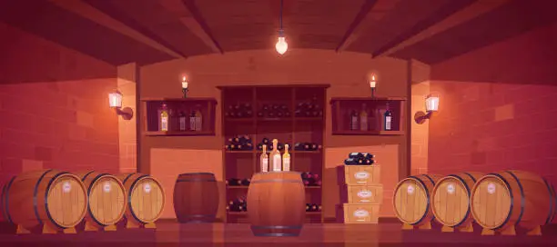 Vector illustration of Wine shop, cellar interior with wooden barrels