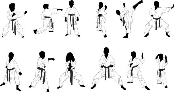 ilustrações, clipart, desenhos animados e ícones de uma dúzia de silhuetas de karatê crianças em quimonos em diferentes posições defensivas e de ataque - karate child judo belt