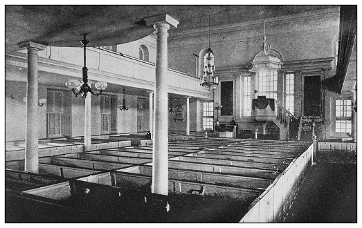 Antique black and white photo of the United States: Interior of Christ Church, Alexandria, Virginia, showing Washington's Pew