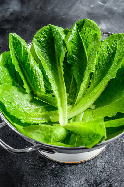 istock Romaine lettuce salad in a colander. Black background. Top view 1286155111