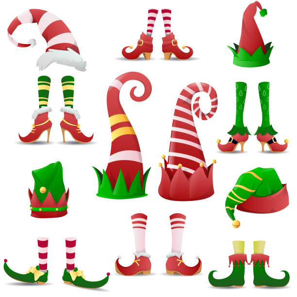 ilustraciones, imágenes clip art, dibujos animados e iconos de stock de colección de divertidos zapatos elfos y sombreros navidad. zapatos para pies elfos, ayudantes de santa claus. patas de gnomo de navidad en zapatos divertidos. ilustración vectorial - elfo