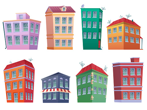 Cartoon House Set 8 Modern Houses Cartoon Facades City Buildings Architecture Shop Cafe Multistorey Tower Of A Skyscraper Of A Business Center Or With Glass Windows Vector Illustration Stock Illustration - Download Cartoon House Set 8 Modern Houses Cartoon Facades City Buildings Architecture Shop Cafe Multistorey Tower Of A Skyscraper Of A Business Center Or With Glass Windows Vector Illustration Stock Illustration - Download