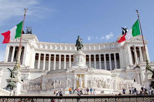 A wide shot of the altar of Fatherland in Rome, Italy. Taken on a sunny day in the summer