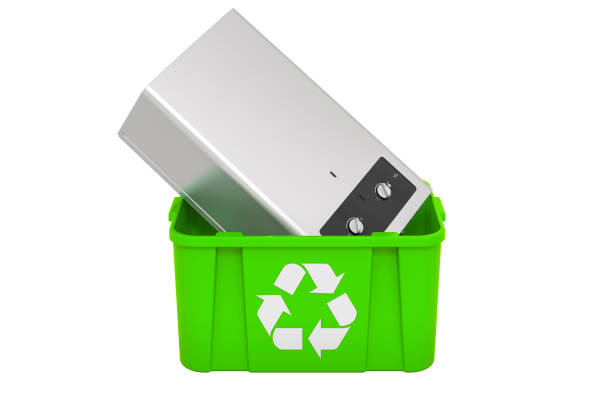 istock Recycling trashcan with gas water heater, 3D rendering isolated on white background 1286159634