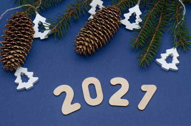 istock Christmas tree natural branches with a glitters and the number 2021 on a blue background. Bull - symbol of the new year 2021. 1286161850
