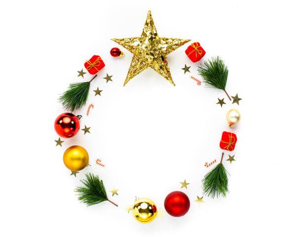 istock Christmas round frame from branches and decorations isolated on white background 1286162666