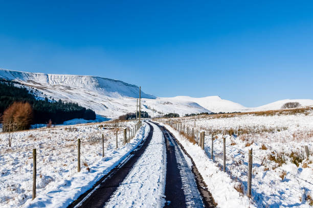 A snowy track leads towards snow capped mountains