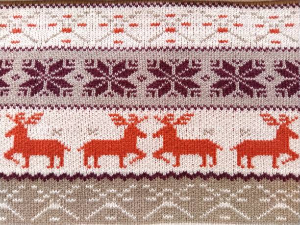 istock Real red knitted background with white Christmas deer and snowflakes 1286165697