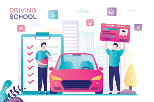 illustrazioni stock, clip art, cartoni animati e icone di tendenza di insegnante o istruttore controlla la qualità della formazione. studente maschio detiene la patente di guida. veicolo moderno vicino. striscione della scuola di guida. - driving training car safety