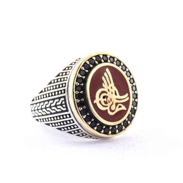 istock Stone-embroidered silver ring for men on a white background 1286169496