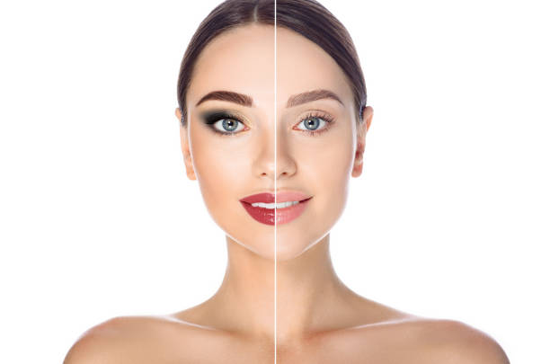 Before and after remove makeup. Woman face with makeup and without on white background Before and after remove makeup. Woman face with makeup and without on white background before and after photos stock pictures, royalty-free photos & images
