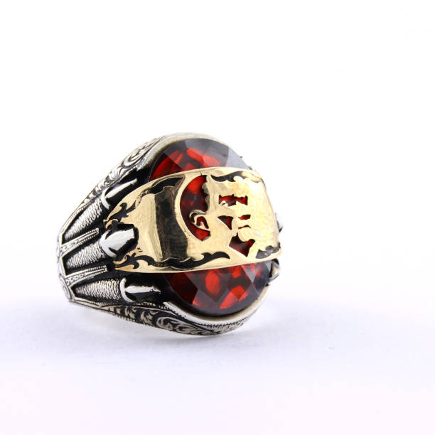 istock Stone-embroidered silver ring for men on a white background 1286171210
