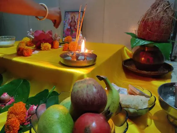 Laxmi puja during the diwali festival for good fortune.