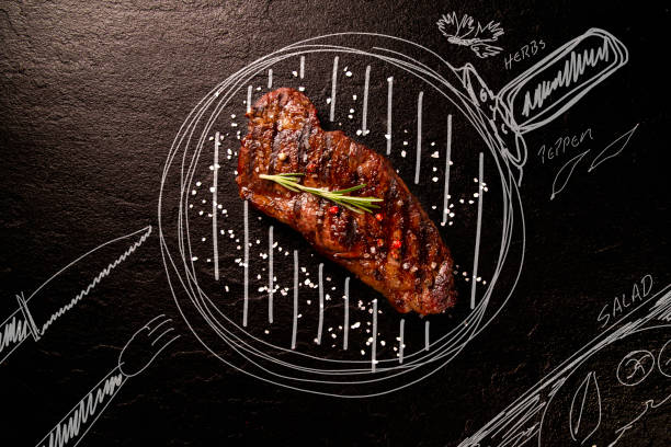 Meat on black chalkboard with painted pan and ingredients. top view. Barbecue concept