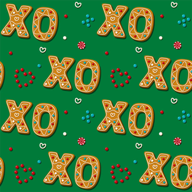 istock Seamless gingerbread XO phrase cookie. Christmas kiss and hug. Pattern,green background. Festive homemade sweets. Vector 1286172871