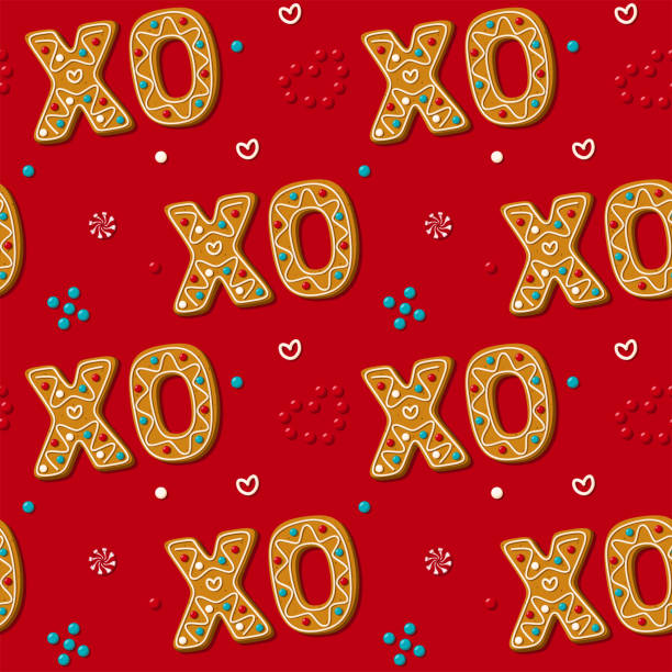 istock Seamless gingerbread XO phrase cookie. Christmas kiss and hug. Pattern, red background. Festive homemade sweets. Vector 1286172883