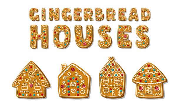 Set of cartoon festive gingerbread houses with a short phrase. Homemade Christmas cookies. Vector illustration. Set of cartoon festive gingerbread houses with a short phrase. Festive homemade sweets. Christmas cookies. Vector illustration. gingerbread house cartoon stock illustrations