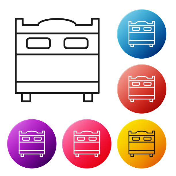 ilustrações, clipart, desenhos animados e ícones de linha preta ícone quarto isolado em fundo branco. casamento, amor, símbolo de casamento. ícone criativo do quarto da coleção de lua de mel. defina ícones de botões de círculo coloridos. vetor - honeymoon romance wedding bedroom