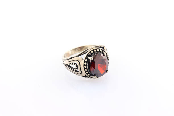 istock Stone-embroidered silver ring for men on a white background 1286173202